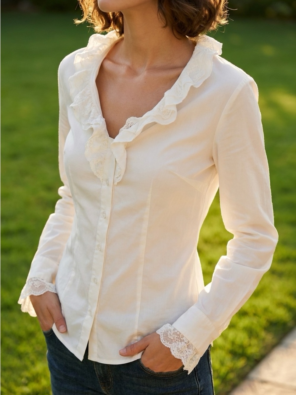 Women's Cream Ruffle Lace-Trim Button Down Shirt